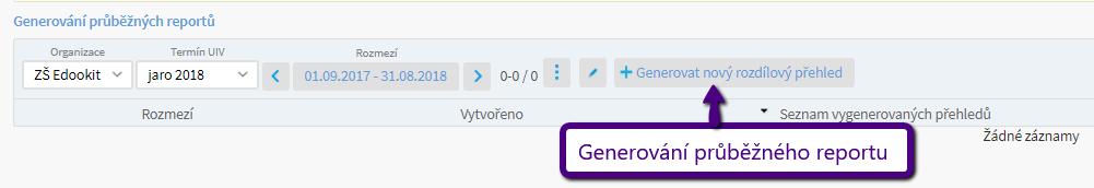 Vykazování průběžného reportu Lidé -> Školní matrika -> Generování průběžných reportů Pro vykazování průběžného reportu R44 je možné použít funkci Generování průběžných reportů.