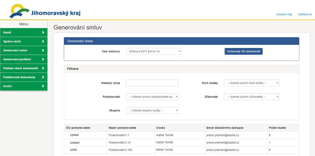 Generování smluv Položka Generování smluv je určena k automatickému vyplnění smluvních dokumentů, které byly nadefinovány v předchozím kroku. Viz. Obrázek č. 5 Obrázek č.