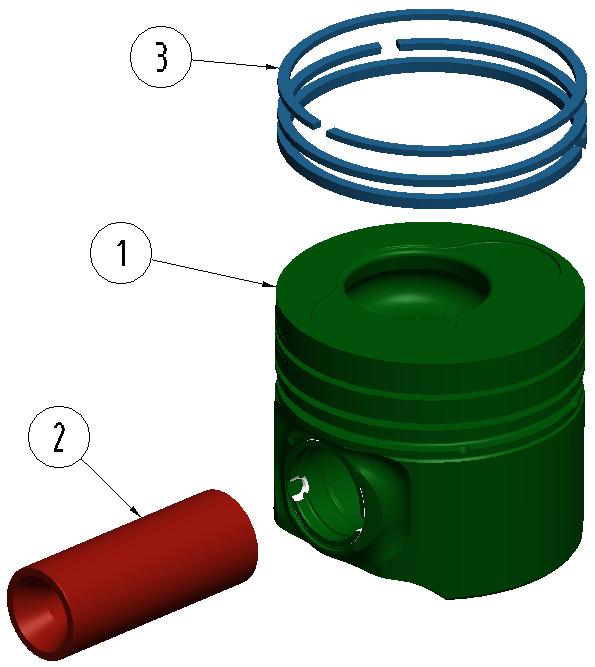 Obrázek 2: Zkrácený klikový mechanismus - (1) klika, (2) ojnice, (3)