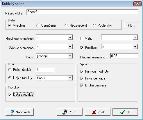 Obrázek 12 Dialogový panel pro kubický spline V dialogovém panelu se zvolí sloupec odnot nezávisle a závisle proměnné, sloupec va a odnot pro predikci.