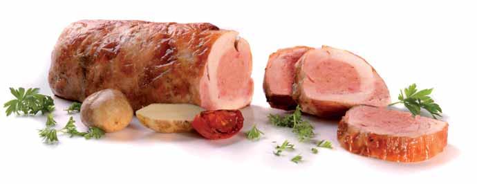 Kuracia roláda 709401 balenie obsahuje 2 rolády á cca 1 kg výrobok obsahuje mäso z vykostenéhoo kurčaťa a plnku z mletého bravčového o mäsa a šunkovej salámy