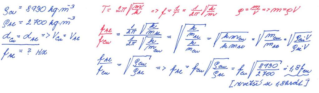 4 Mechanický oscilátor je tvořen měděnou kuličkou zavěšenou na pružině. Jak se změní frekvence kmitání oscilátoru, jestliže kuličku zaměníme kuličkou hliníkovou o stejném průměru?