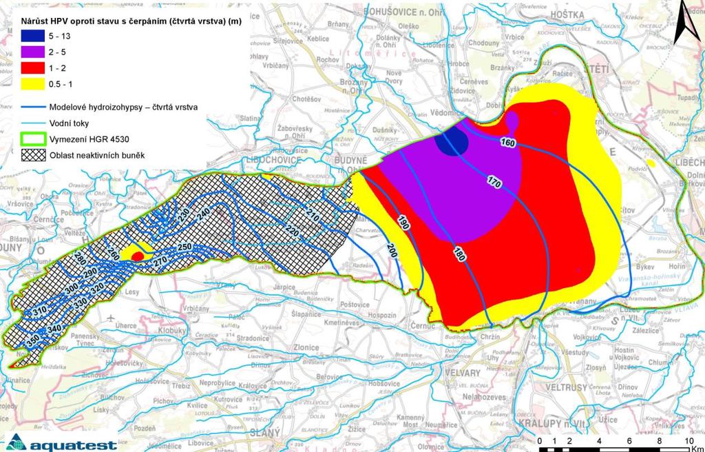Obr. 6-32 Modelové hydroizohypsy bez čerpání a změna oproti
