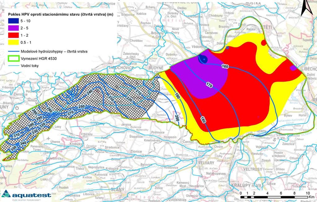 Obr. 6-36 Modelové hydroizohypsy ve variantě plošného zvýšení odběrů a změna HPV oproti průměrnému stacionárnímu stavu druhá vrstva, ustálený stav Obr.