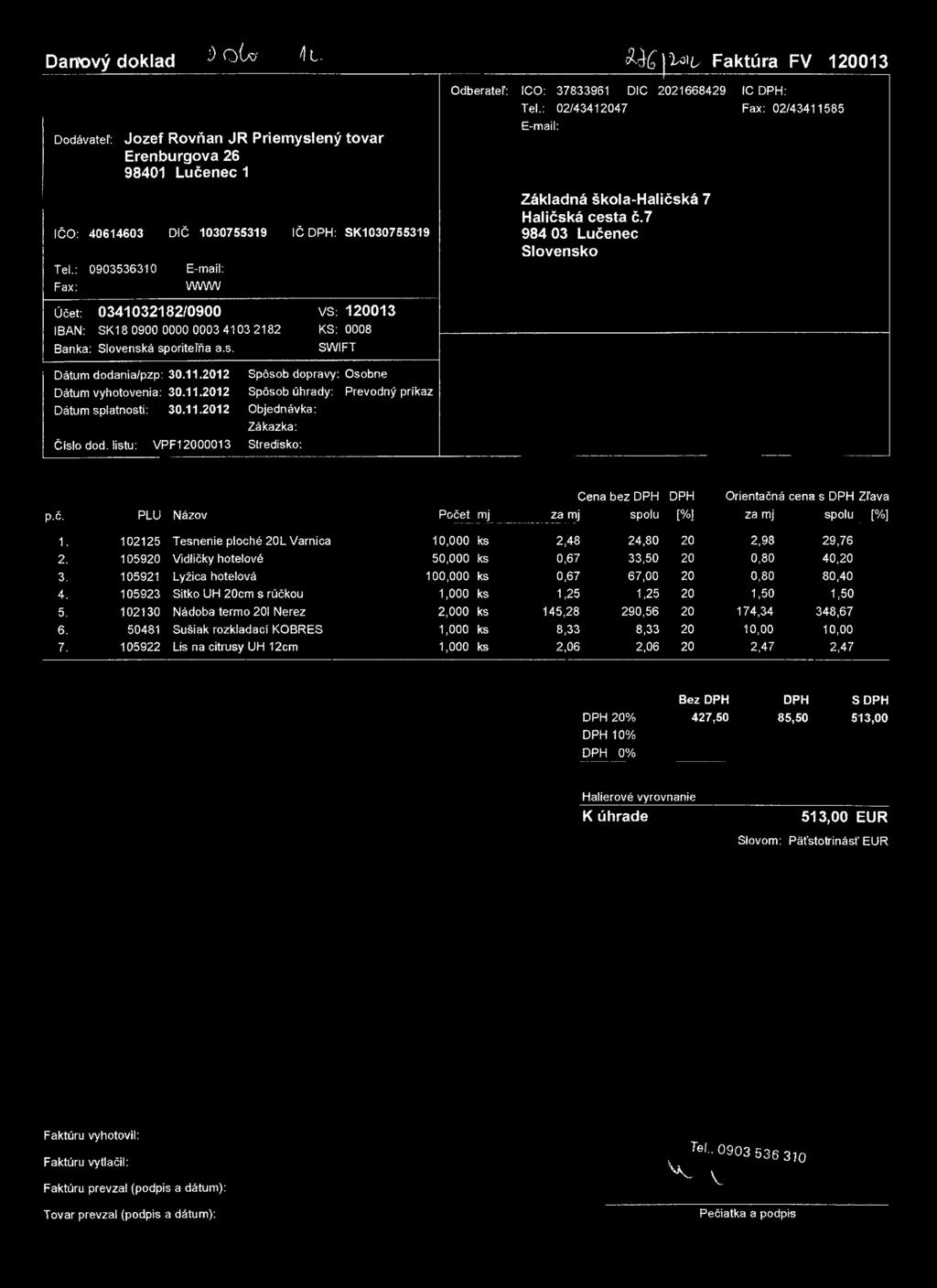: 02/43412047 Fax: 02/43411585 E-mail: -Haličská 7 Haličská cesta č. 7 984 03 Slovensko Dátum dodania/pzp: 30.11.2012 Dátum vyhotovenia: 30.11.2012 Dátum splatnosti: 30.11.2012 Číslo dod.