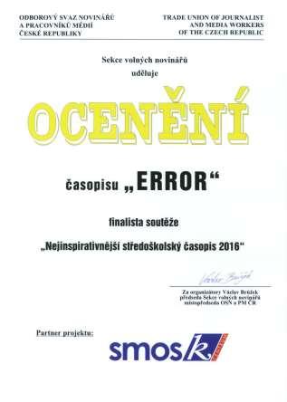 Diplom pro redakční kolektiv školního časopisu ERROR Výběrové zjišťování výsledků žáků 2016/2017 9.
