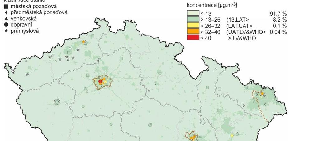 Frýdlantsko Praha Ostravsko Brno průměrná roční koncentrace