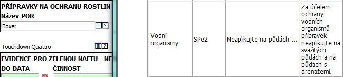 Detaily z rozhodnutí o registraci rozbalím klikem na zelenou šipku. Zkratka SPe2 znamená omezení aplikace na půdách. Omezení najdu v detailu registrace v části Vodní organismy.