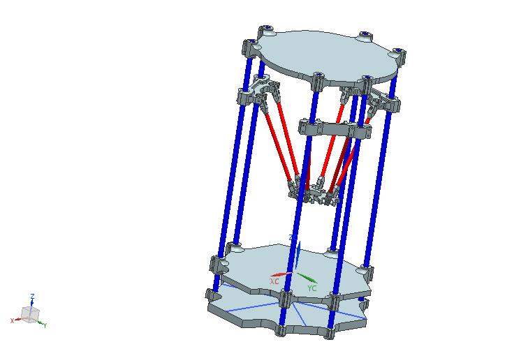 Obrázek 4.1: Grafické znázornění návrhu konstrukčního řešení 3D tiskárny. spojeny třemi vodorovnými deskami kruhovitého tvaru. Prostor vzniklý mezi spodními dvěma tvoří místo pro uložení elektroniky.