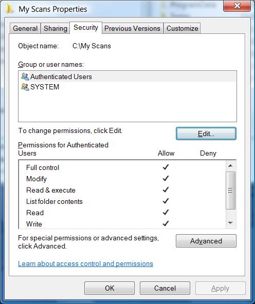 Pokud je v okně Vlastnosti pro složku karta Security (Zabezpečení), přidělte stejnému uživateli Full Control (Úplné řízení) pro tuto složku i na kartě Security (Zabezpečení).