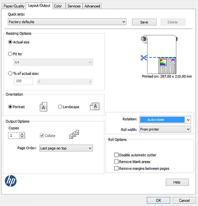 5. Vyberte kartu Layout/Output (Rozvržení/výstup) a poté možnost Autorotate (Automatické