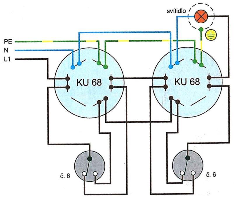 Název úlohy: Střídavý přepínač, řazení č.6 Podle montážního a prováděcího schématu realizujte zapojení střídavého přepínače v síti TN-S k ovládání jednoho obvodu dvěma přepínači ze dvou míst.