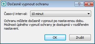 Dočasně vypnout ochranu zobrazí potvrzovací dialog, pomocí kterého vypnete Antivirovou a antispywarovou ochranu ta chrání systém proti škodlivým útokům tím, že kontroluje soubory, e-maily a