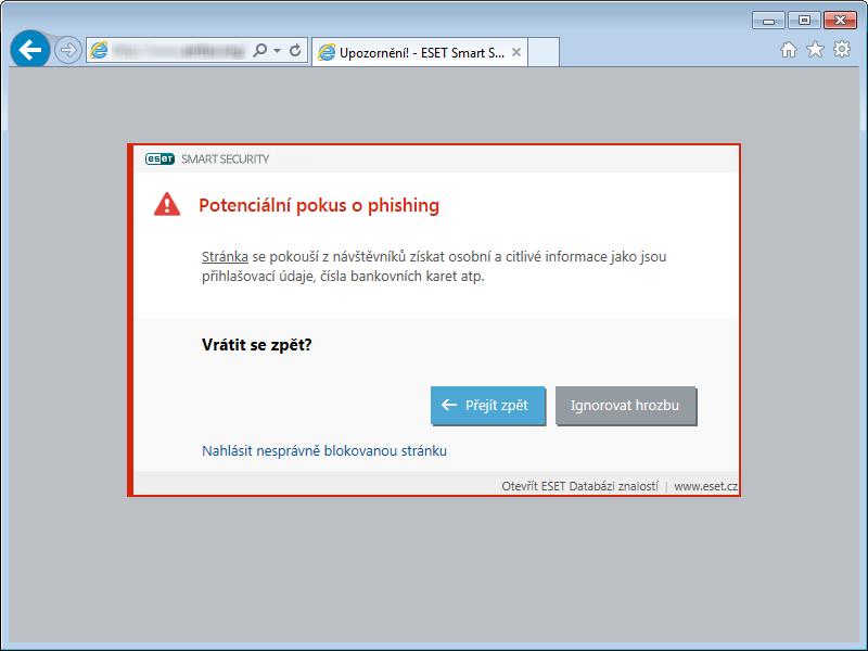 Poznámka: V případě, že budete pokračovat na potenciální phishingovou stránku, na ně kolik hodin se pro ni vytvoří výjimka. Následně bude přístup opě t blokován.