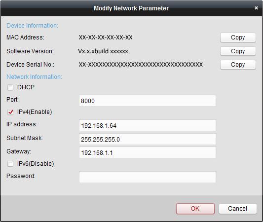 Obrázek 2 9 Úprava síťových parametrů 8. Ruční změnou IP adresy nebo zaškrtnutím políčka Enable DHCP změňte IP adresu zařízení na stejnou podsíť s počítačem. 9. Zadejte heslo pro aktivaci změny IP adresy.