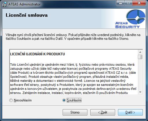 Krok 2 Licenční ujednání. Označte volbu Souhlasím a v instalaci pokračujte stisknutím tlačítka DALŠÍ. Krok 3 Výběr instalační složky.