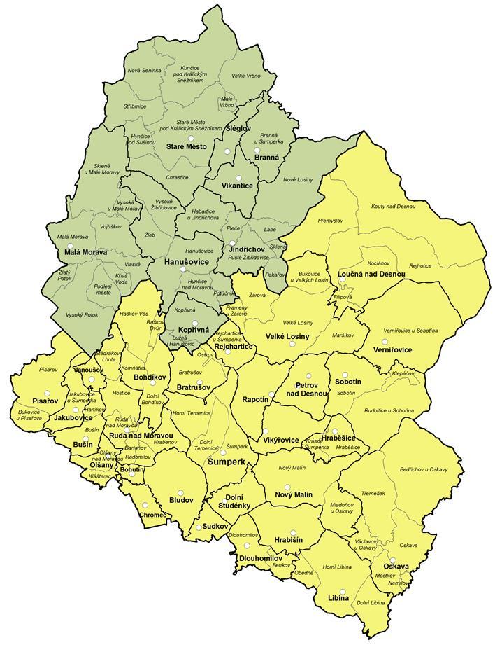 Obrázek č. 4: Administrativní mapa SO ORP Šumperk Zdroj: www.czso.cz Z celkového počtu 36 obcí ve SO ORP Šumperk mají k 31. 12. 2017 do 100 obyvatel 3 obce, kdy nejmenší obec, Šléglov, má 42 obyvatel.