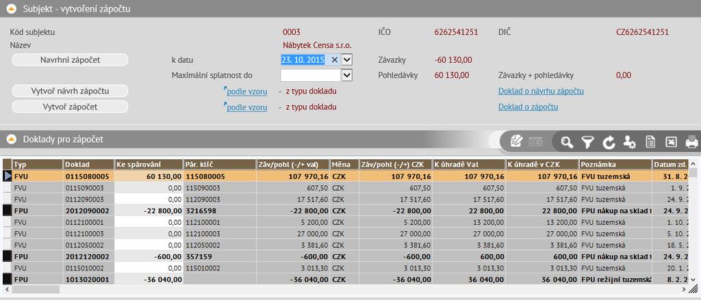 v horní části jsou zobrazeny základní údaje o subjektu, součty momentálně označených pohledávek a závazků pro zápočet, tlačítka pro návrh zápočtu a jeho vytvoření, odkazy pro výběr vzoru pro
