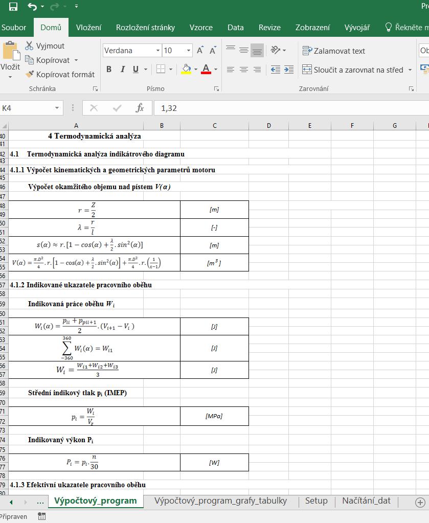 Obr.5.2: Ukázka struktury výpočtu výpočtového programu v softwaru Excel Na obr. 5.3 lze vidět základní formát a strukturu listu grafů a tabulek výpočtového programu.