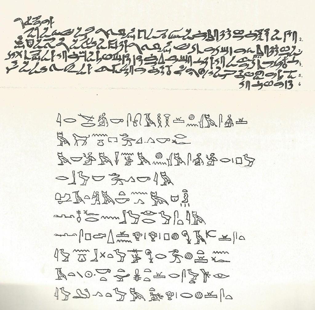 7.3 Ukázka hieratického písma + hieroglyfický přepis textu Z hieratického papyru Ptahhotepovy