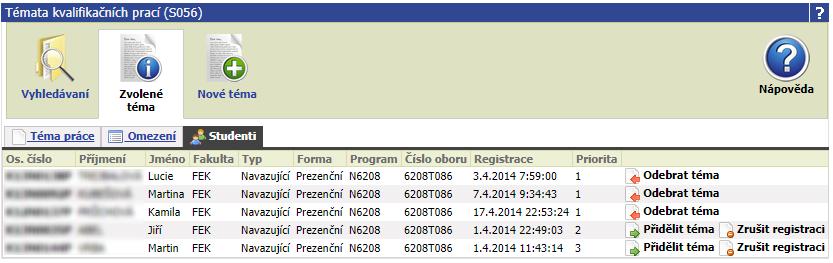 3.11.7 Přidělení témat Registrovaná témata můžou být přidělená studentům, kteří o ně projevili zájem. O přidělení tématu rozhoduje vedoucí práce.