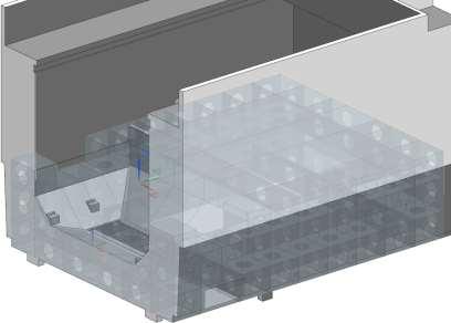 Pod původním pracovním stolem se nachází otvor pro odvod třísek, pod kterým je vložen dopravník. Na bočních spádových stěnách jsou vytvořeny čtyři patky, na každé straně dvě (viz obr 3.10).