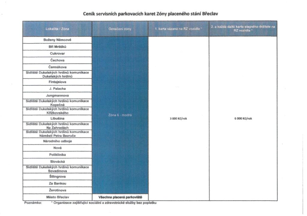 Ceník servisních parkovacích karet Zóny placeného stání Břeclav -alita 1 Zona každá další karta stejného držitele RZ vozidla Boženy Němcové Bří Mrštiku Cukrovar Čechova Čermákova Sídliště Dukelských