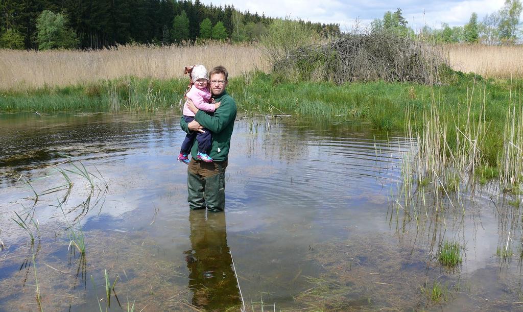 Příklad uměle zbudované tůně přírodě blízkého vzhledu. Tůň je na většině své plochy mělká ( po kolena ), což je základní předpoklad pro budoucí osídlení obojživelníky.