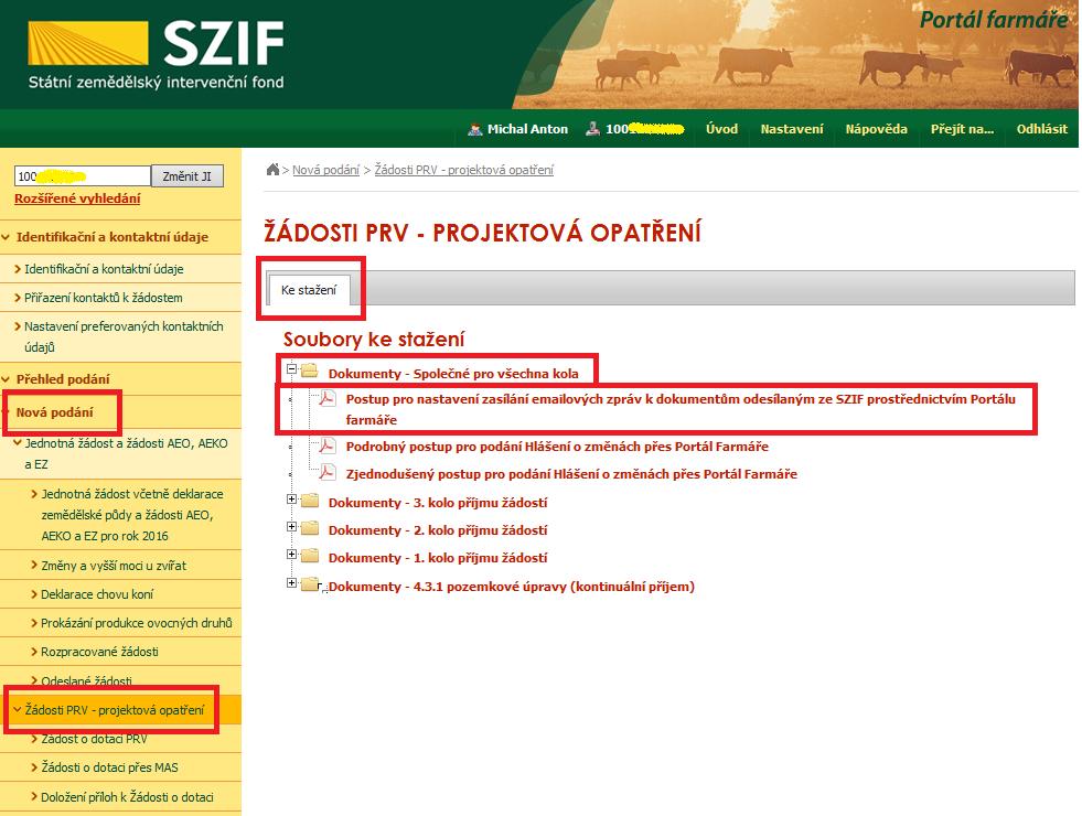 Nastavení informačních e-mailů - dokumenty odeslané ze SZIF.