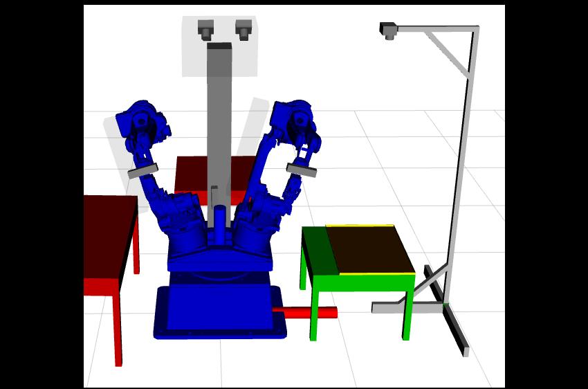 Kapitola 2 Robotické pracoviště Pro tuto úlohu je robotickým pracovištěm prostor obsahující následující. Robotická sestava tvořená dvěmi svařovacími rameny na otočné základně.
