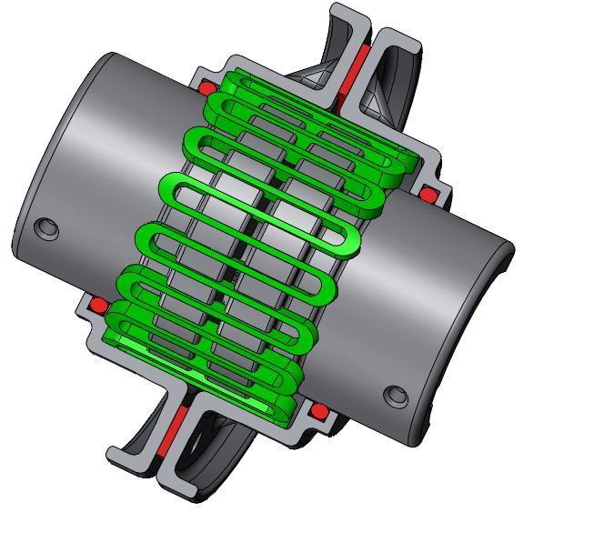 Na obvodu hnacího a hnaného členu se nachází drážky, do kterých je vsunuta hadovitá pružina.