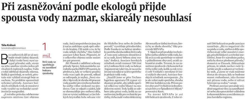 Při zasněžování podle ekologů přijde spousta vody nazmar, skiareály nesouhlasí