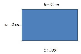 Zadání: V plánu měřítka 1 : 500 je zobrazen obdélník o straně 2 cm x 4 cm. Vypočtete jaký obsah daný obdélník vymezuje v plánu a jaký ve skutečnosti.