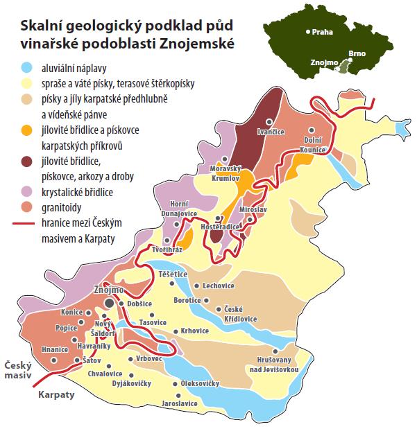 obrázek 31 geologický podklad Znojemské vinařské podoblasti (KOUDELA A OBURKOVÁ, 2014B) 5.2 Půdní podmínky Pestrá škála půd vytváří předpoklad pro rozmanitou paletu vín.