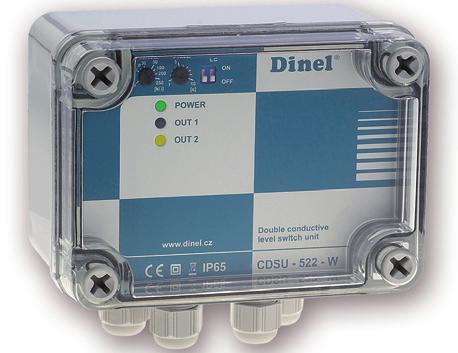 dvoukanálové, dva nezávislé reléové výstupy montáž na lištu DIN 35 mm nebo nástěnné provedení optická indikace stavů pomocí LED funkce automatické regulace hladiny CDSU 522 Montáž na lištu DIN 35 mm.