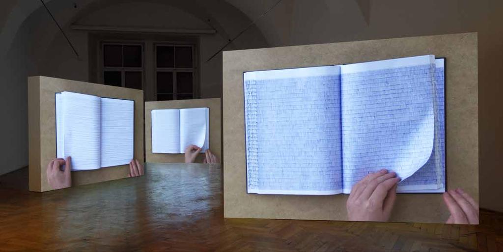 2010, Brno, Galerie Kabinet, Till the Blue Skies Drive the Dark Clouds Far Away SOMETIMES IT HURTS, 2007-8, 3 books (400 pages), drawing by blue ballpen, 3 x DVD SOMETIMES IT HURTS, 2007 8, 3 knihy