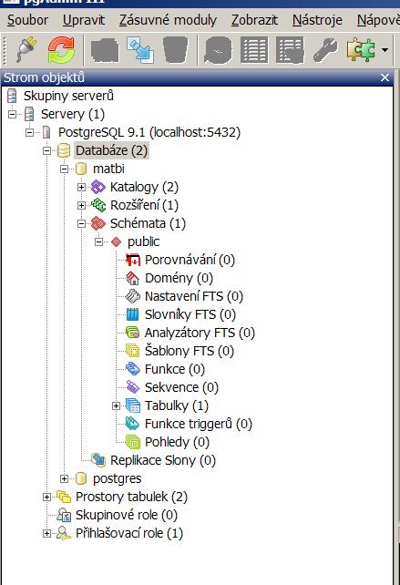 PostgreSQL Klient pgadmin Přihlášení k serveru Nová databáze - matbi Schémata public psql ve