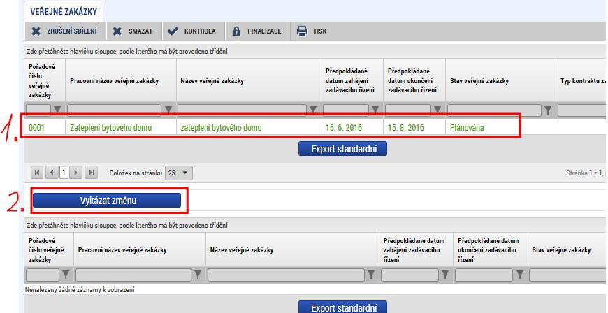 Výběr záznamu k vykázání změny (I.) 1.
