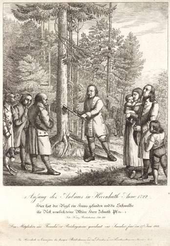 2 Friedrich Daniel Reichel: Christian David fällt den ersten Baum zum Anbau von Herrnhut am 17. Juni 1722, Lithografie, 1822, Herrnhut, Unitätsarchiv.