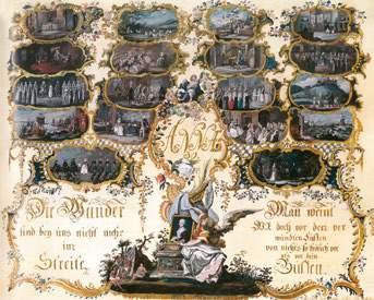 3) und ihrer Leitung einer Versammlung bei den Quäkern in Pennsylvania (Nr. 17). Paul Adam Schöpfel: Scény ze života Anny Nitschmannové, 1747, kvaš na pergamenu, Herrnhut, Unitätsarchiv.