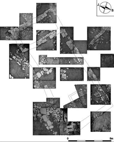 B Grundriss-Schema der Wüstung und ihres Ackerlands (vgl. Gesamtplan des Dorfs). Zaniklá ves Spindelbach. Relikty středověké plužiny (předběžná pracovní interpretace).