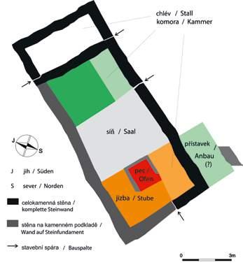 Bei der archäologischen Freilegung 2010-2012 erfasste Relikte. Arbeitsfoto und Rekonstruktion des Verlaufs von Außenmauerwerk und Ofen.