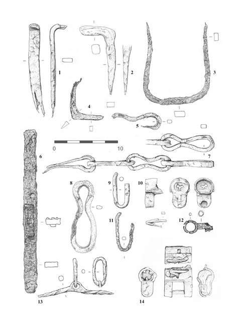 Familie Das Erzgebirge im Mittelalter Rodina Krušné hory ve středověku 13 C C 156 157 12 Wüstung Spindelbach. Landwirtschaftliche Geräte: Eggenzinken (1), Sicheln (2-4), Sense (5), Klemme (6).