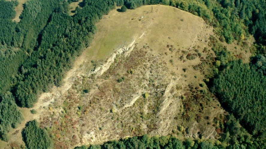 Letecký pohled na skalní step s cennými společenstvy teplomilných rostlin a živočichů to tmavě šedé vápnité břidlice, místy se roubíkovitě rozpadající a obsahující ve spodních partiích ojedinělé