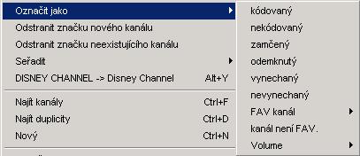 Všechny ostatní seznamy (satelity, zdroje, labely, transpondéry, atd.). Všechny kanály zvoleného seznamu budou přemístěny. Je-li zdrojem okno najít (např.