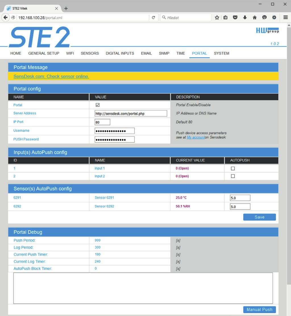 Záložka Portal Záložka slouží pro nastavení parametrů pro odesílání dat na vzdálený portál protokolem HWg- PUSH. Více o protokolu nebo podpoře portálových řešení naleznete na stránkách http://www.