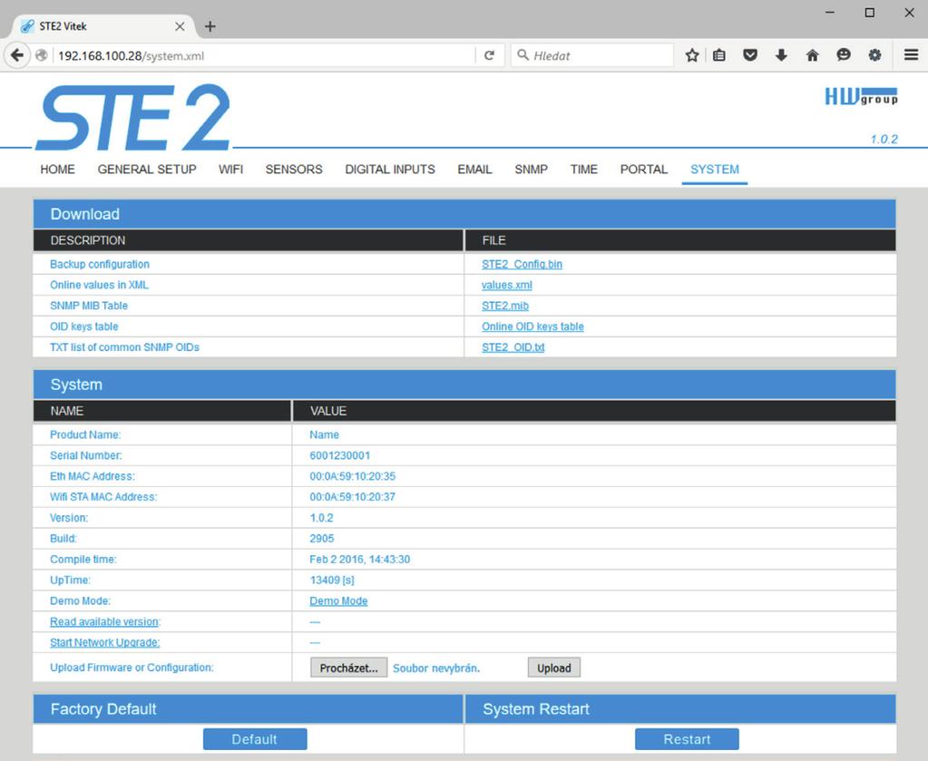 Záložka System Sekce Download Backup configuration Záloha konfigurace ve formátu BIN. Kliknutím na odkaz můžete uložit aktuální konfiguraci STE2 po jeho finálním nastavení pro případ potřeby obnovy.