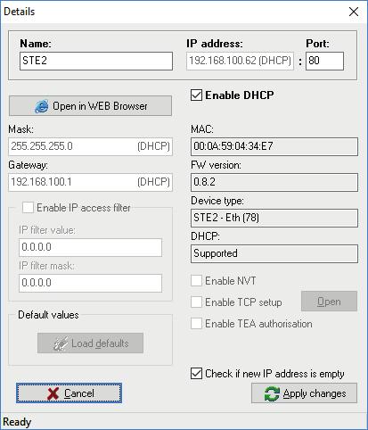 První kroky Nastavte síťové parametry zařízení: IP adresa / HTTP port (standardně 80) masku vaší sítě IP adresu gateway (brány) vaší sítě název zařízení (volitelný parametr) Uložte