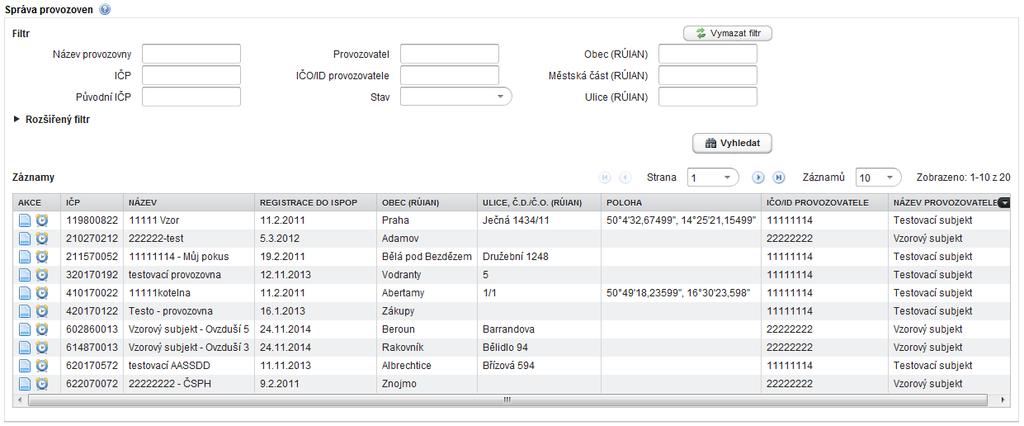 7.4.2 Správa provozoven Záložka Správa provozoven zobrazuje přehled všech provozoven registrovaných subjektů v ISPOP, jichž je přihlášený uživatel Správcem subjektu, Běžným uživatelem nebo Zmocněncem.