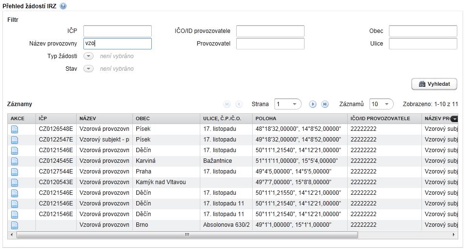 7.5.2 Přehled žádostí IRZ V Přehledu žádostí IRZ jsou zobrazeny žádosti o registraci, změnu údajů a zrušení provozoven